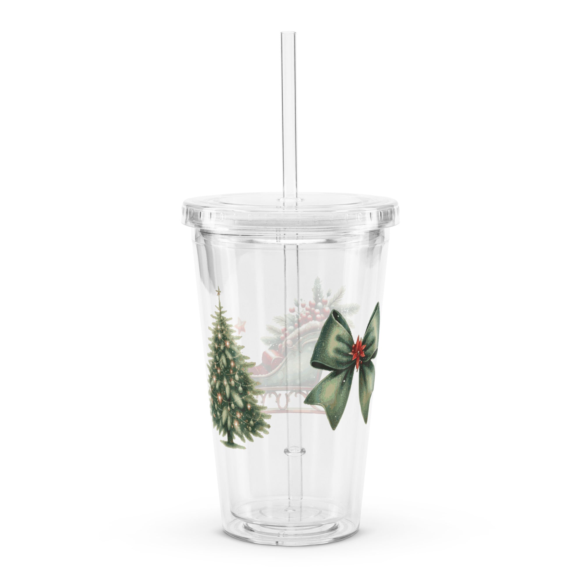 Clear Christmas Print Plastic Tumbler, RE-Usable Drink Cup