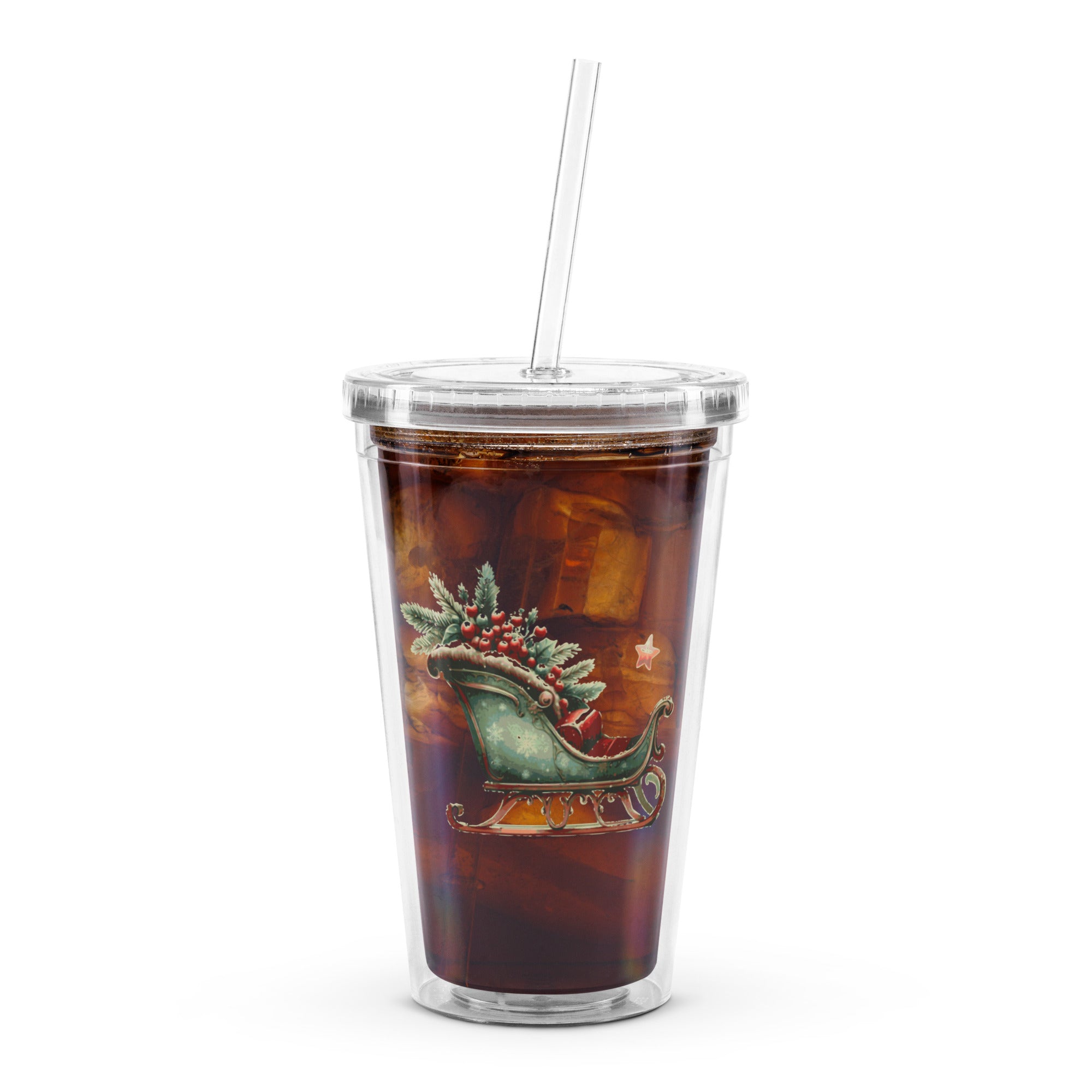 Clear Christmas Print Plastic Tumbler, RE-Usable Drink Cup