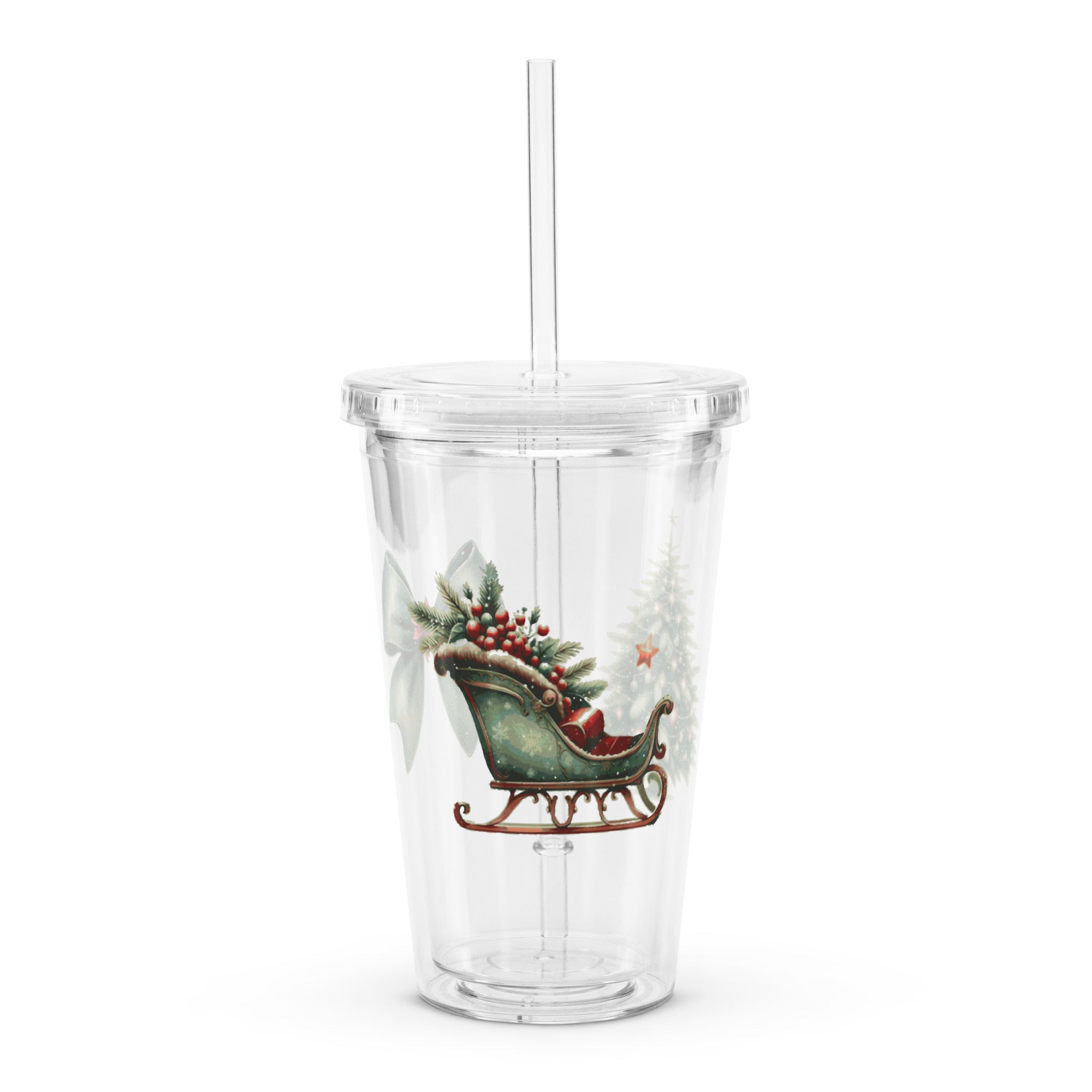 Clear Christmas Print Plastic Tumbler, RE-Usable Drink Cup