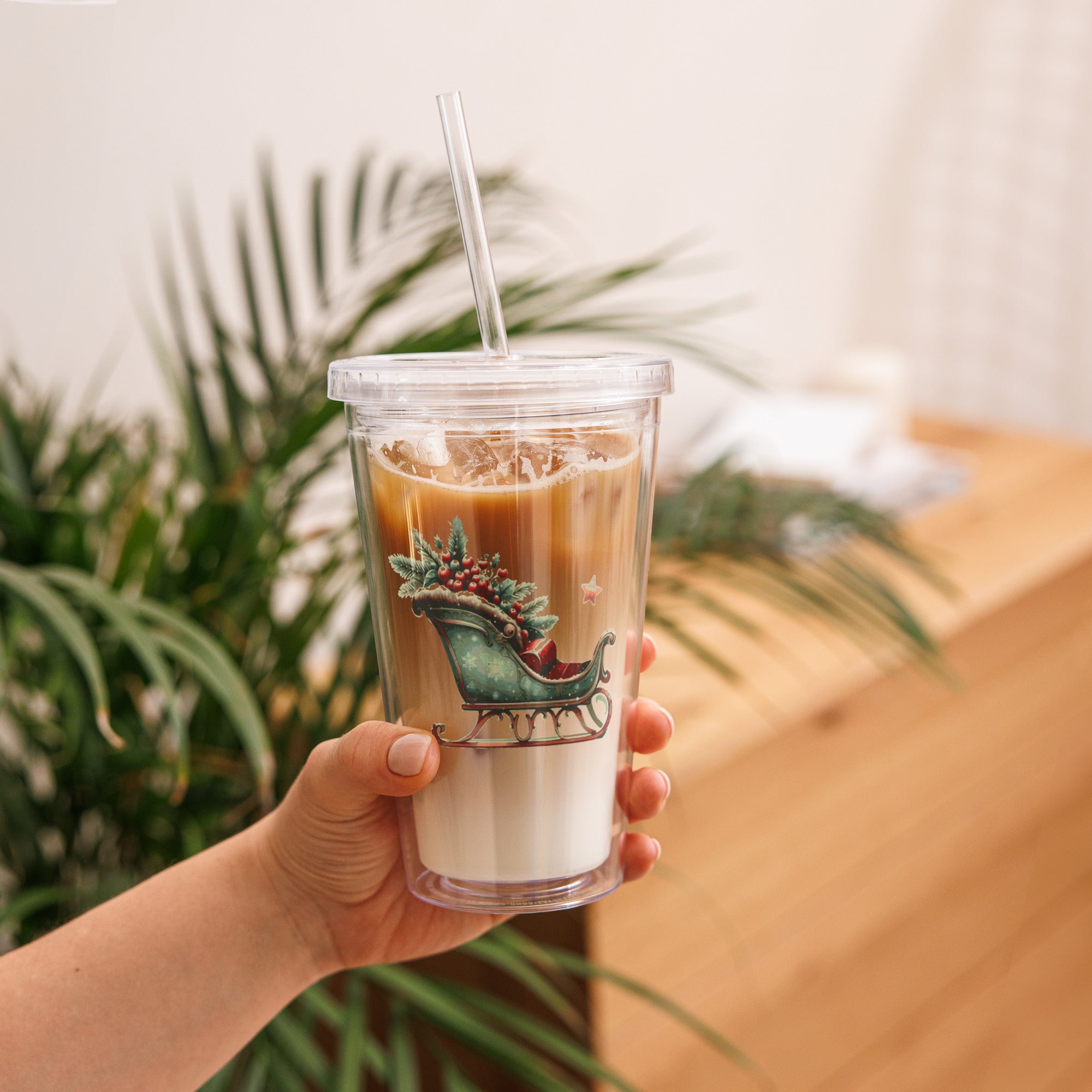 Clear Christmas Print Plastic Tumbler, RE-Usable Drink Cup
