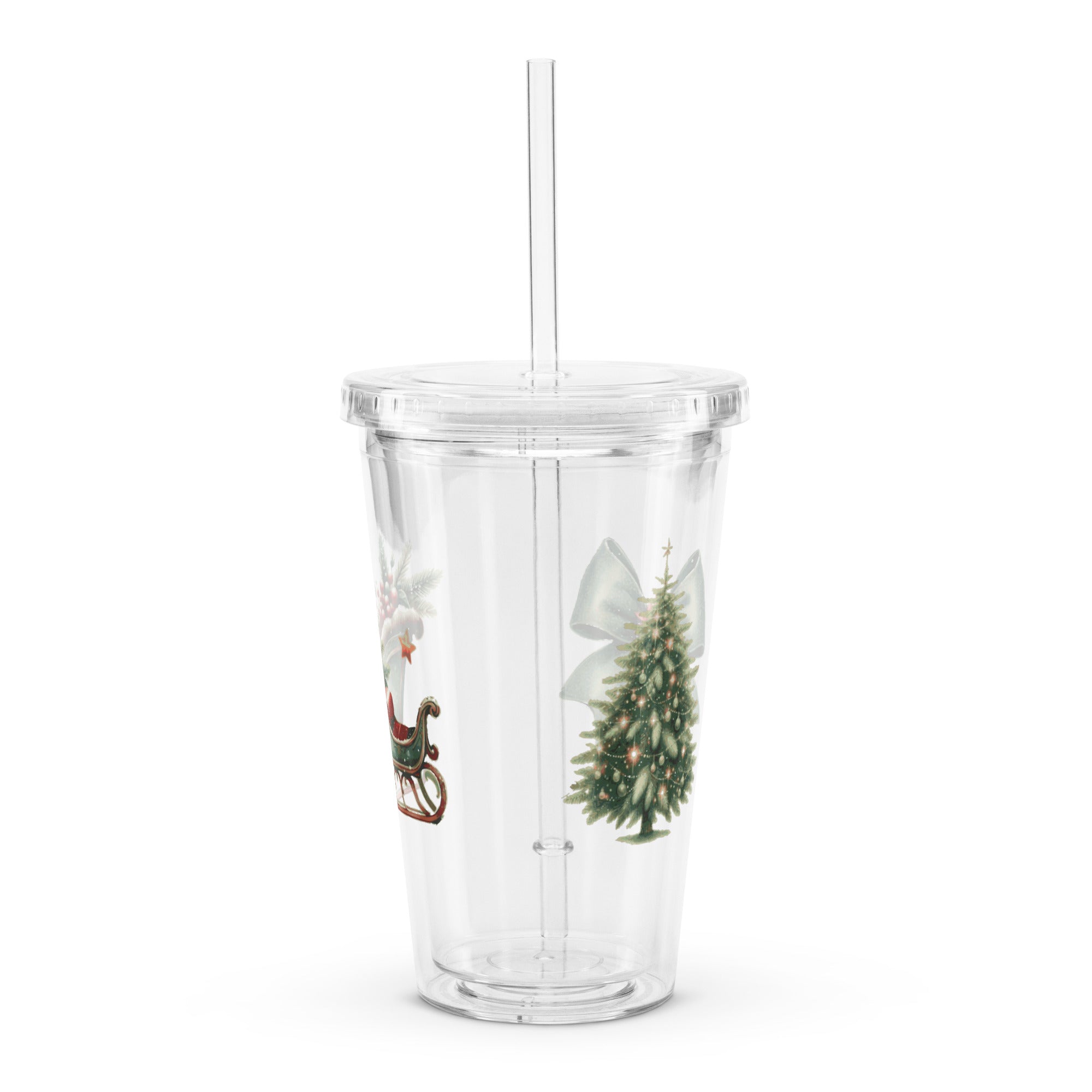 Clear Christmas Print Plastic Tumbler, RE-Usable Drink Cup