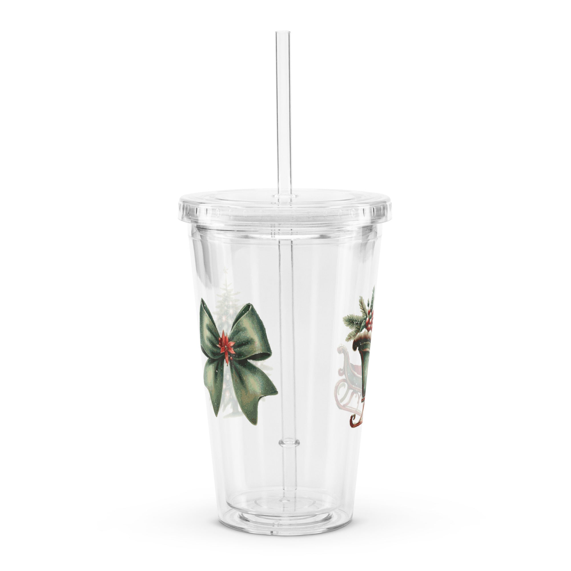 Clear Christmas Print Plastic Tumbler, RE-Usable Drink Cup