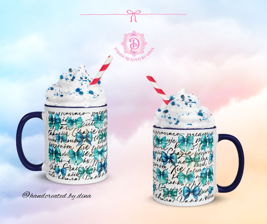 Bow Graphic Mug with Coloured Inside, Elegant Ceramic Coffee Mug for Daily Use