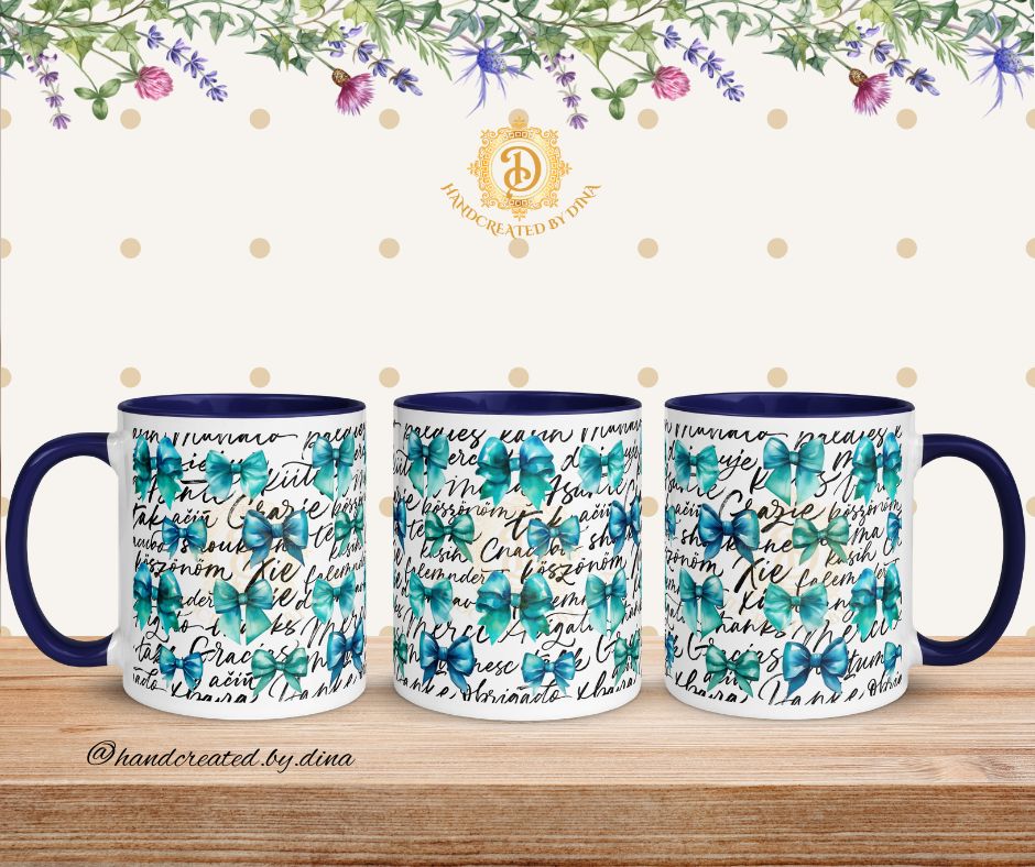 Bow Graphic Mug with Coloured Inside, Elegant Ceramic Coffee Mug for Daily Use