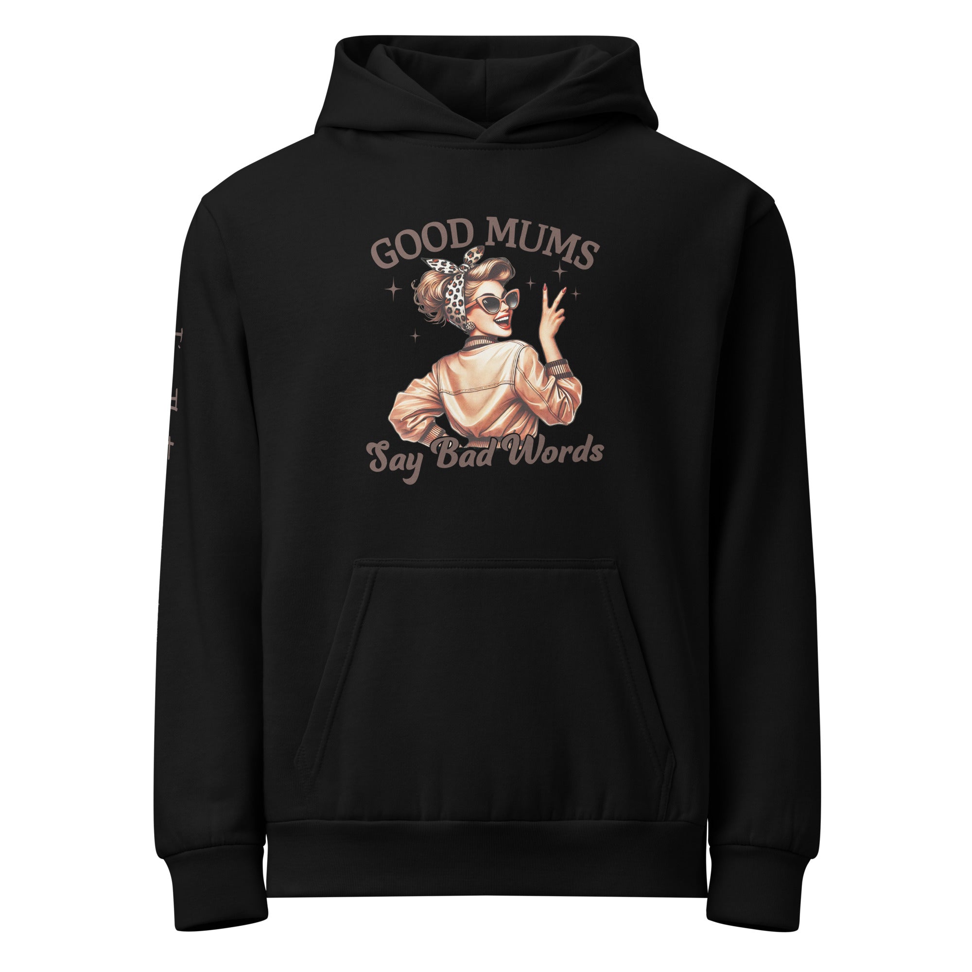 Black hoodie with graphic design and humorous text on a white background