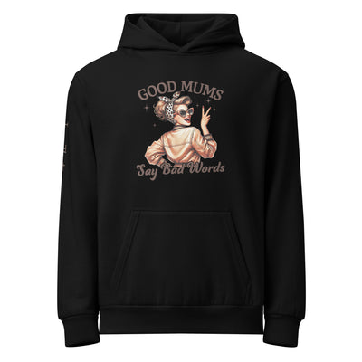 Black hoodie with graphic design and humorous text on a white background