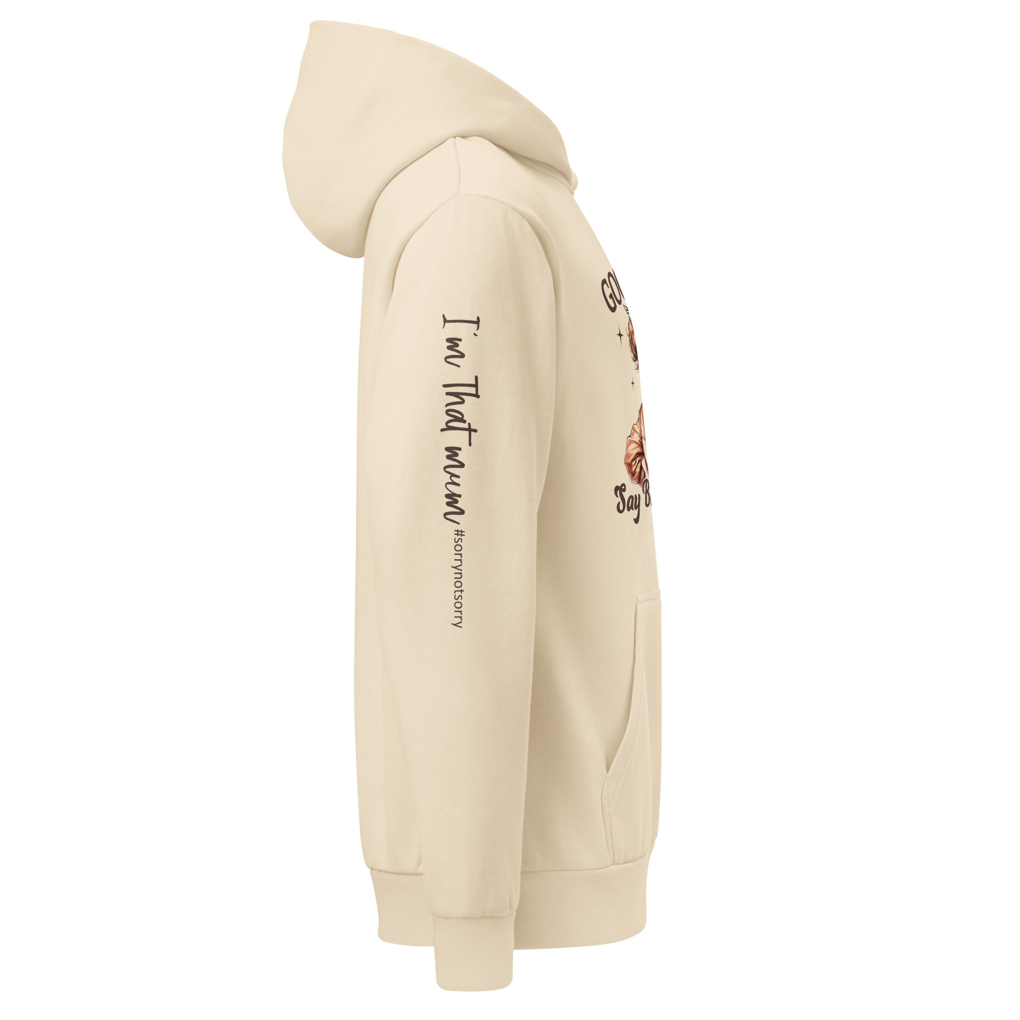 Beige hoodie with sleeve text and graphics on chest against a white background