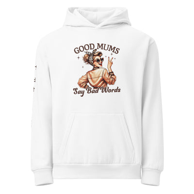 White hoodie with graphic design and funny text on a white background
