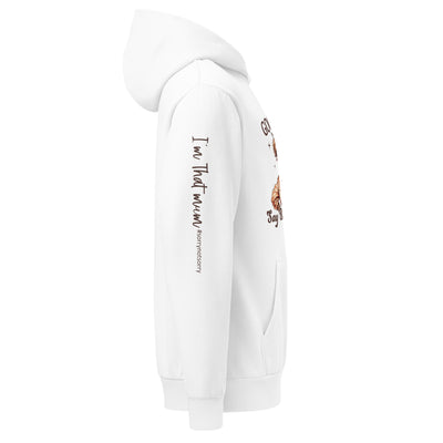 White hoodie with text and graphics on sleeves against a white background