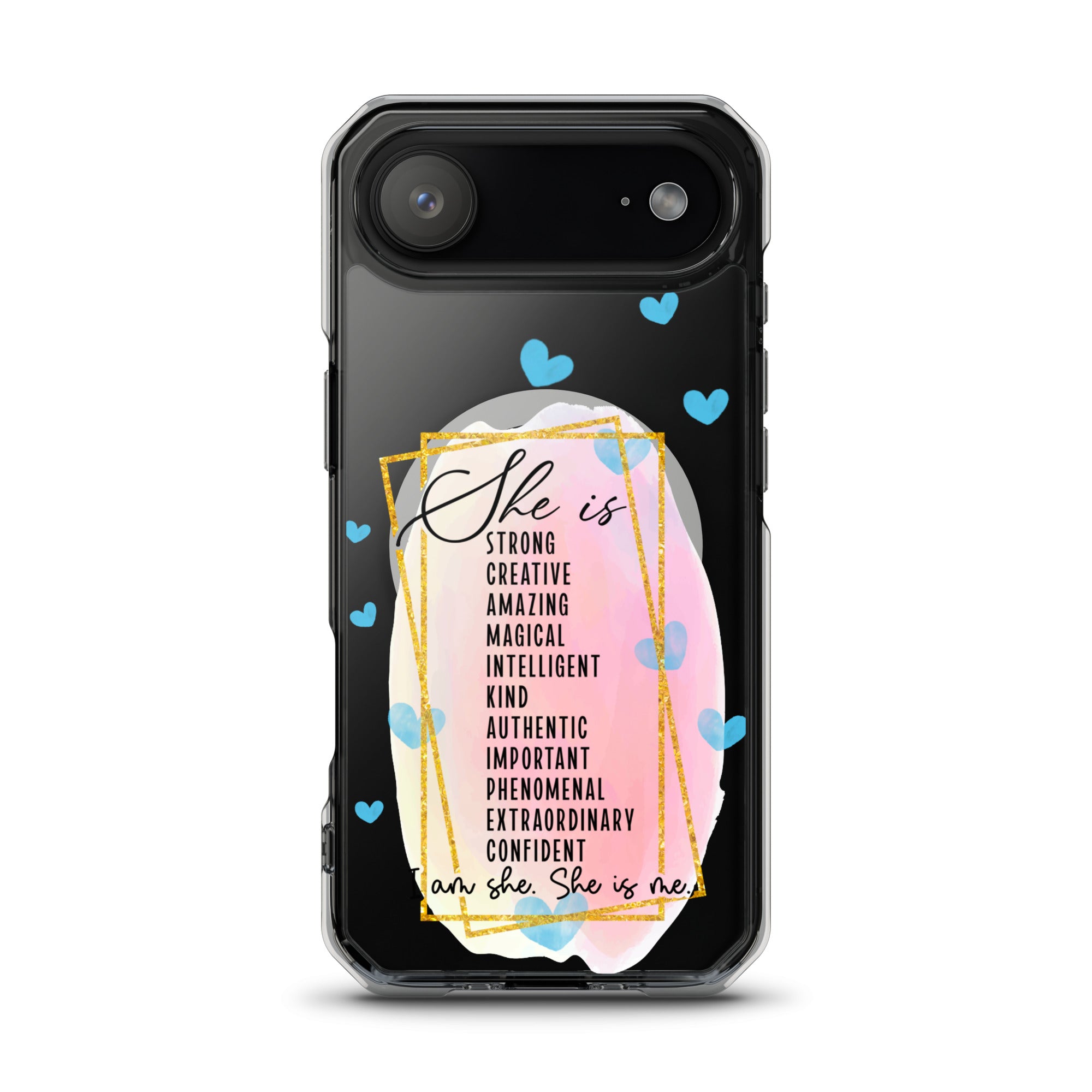 Phone case with motivational quote and heart designs on a white background for iPhone 17 air