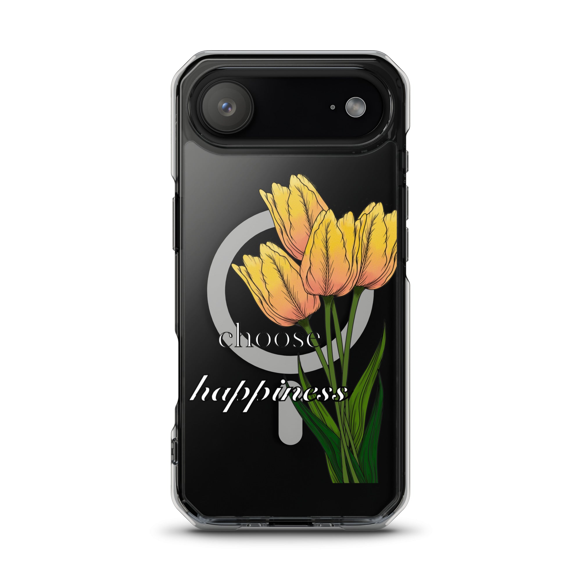 Phone case with yellow tulips and 'Choose happiness' text on a black background for iPhone 17 air