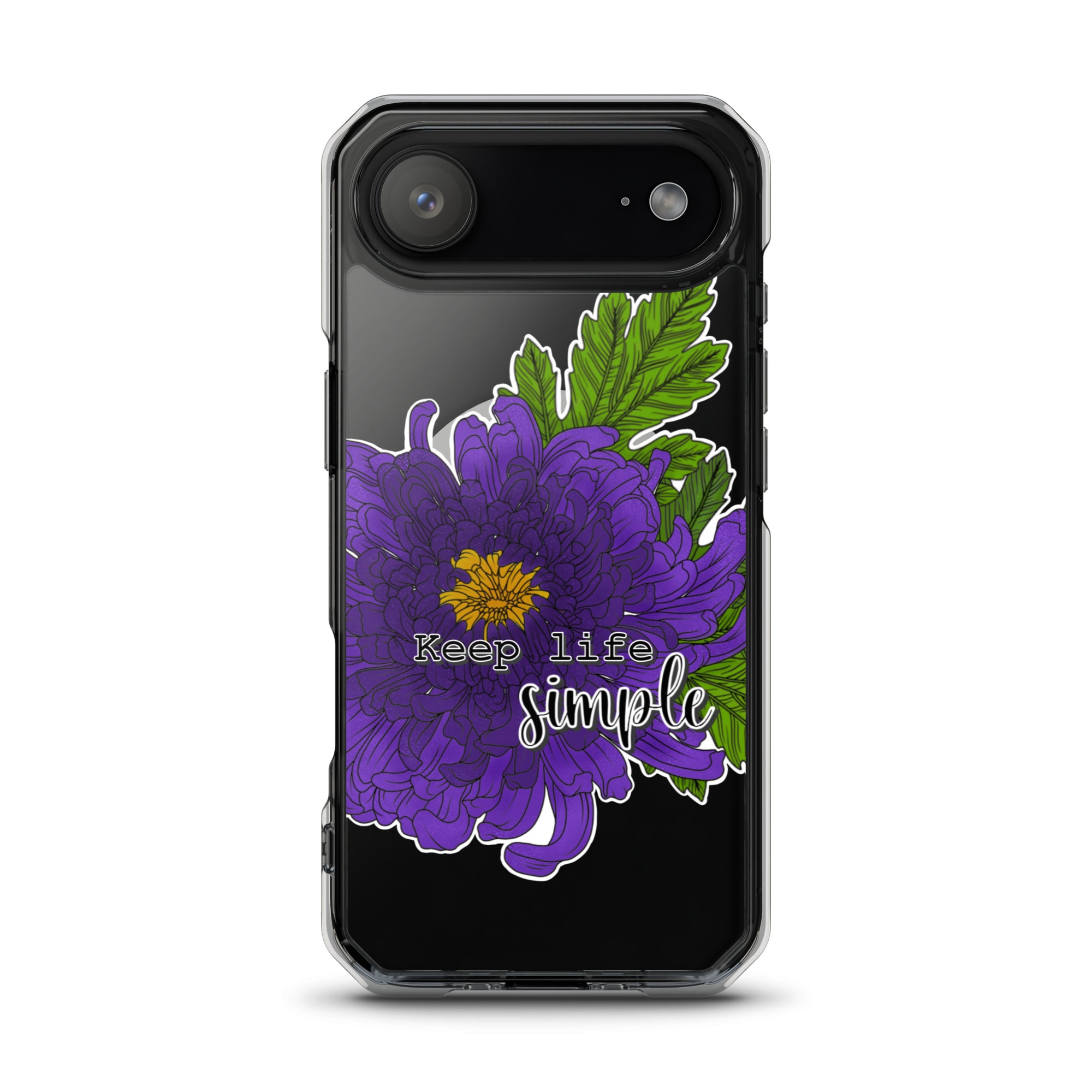 Phone case with purple flower design and 'Keep life simple' text on a black background for iPhone 17 air