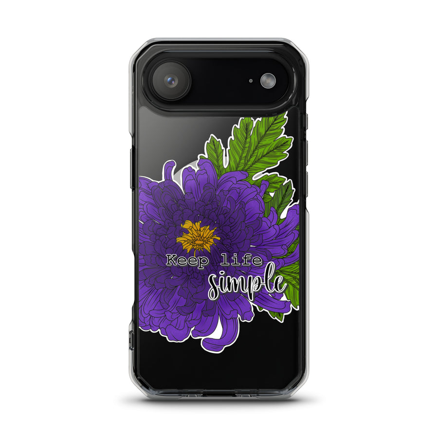 Phone case with purple flower design and 'Keep life simple' text on a black background for iPhone 17 air
