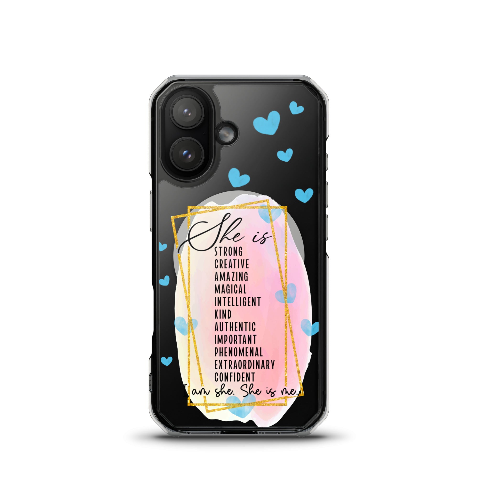 Phone case with motivational quote and heart designs on a black background for iPhone 17