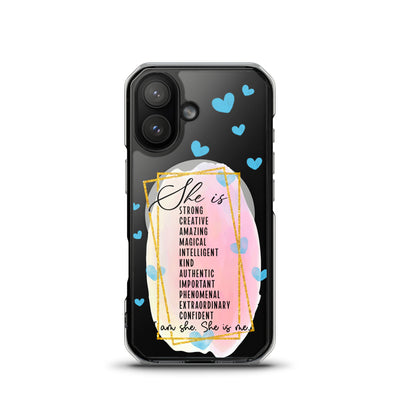 Phone case with motivational quote and heart designs on a black background for iPhone 17