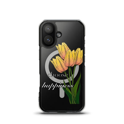 Phone case with yellow tulips and 'Choose happiness' text on a black background for iPhone 17