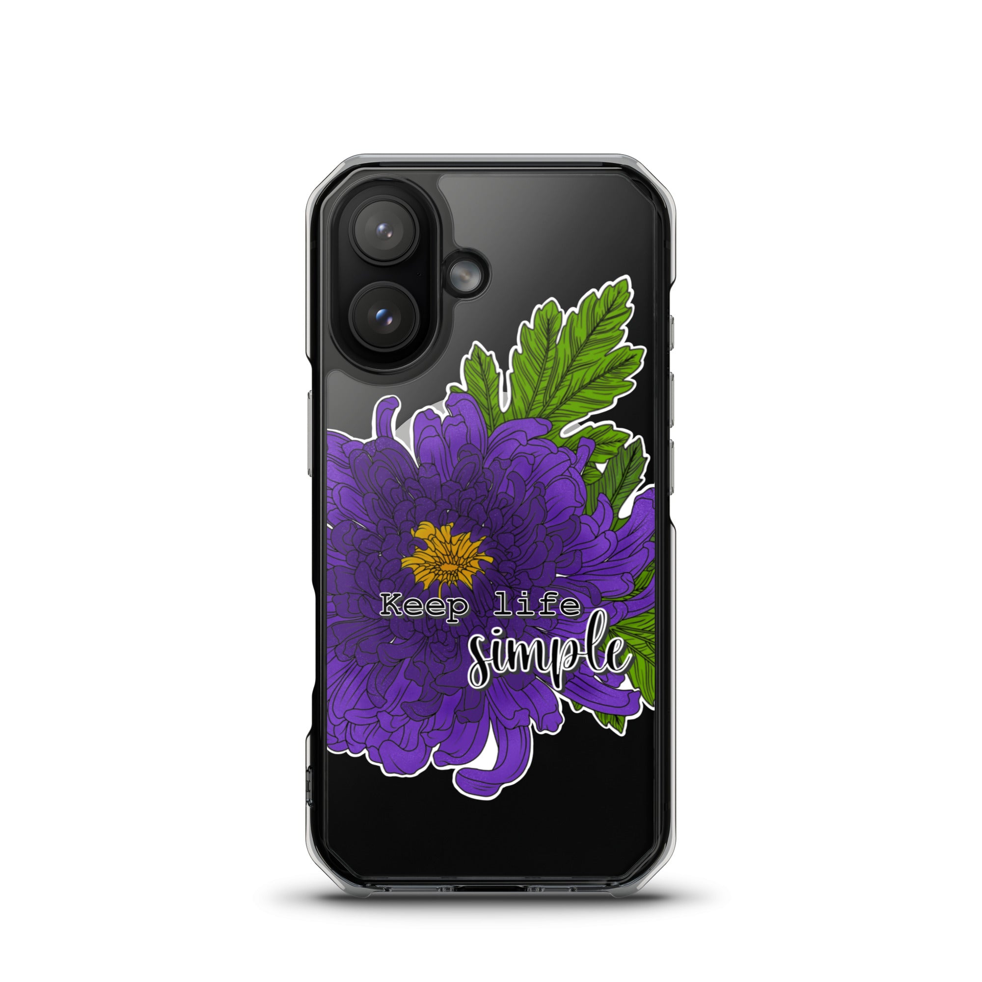 Phone case with purple flower design and 'Keep life simple' text on a black background for iPhone 17