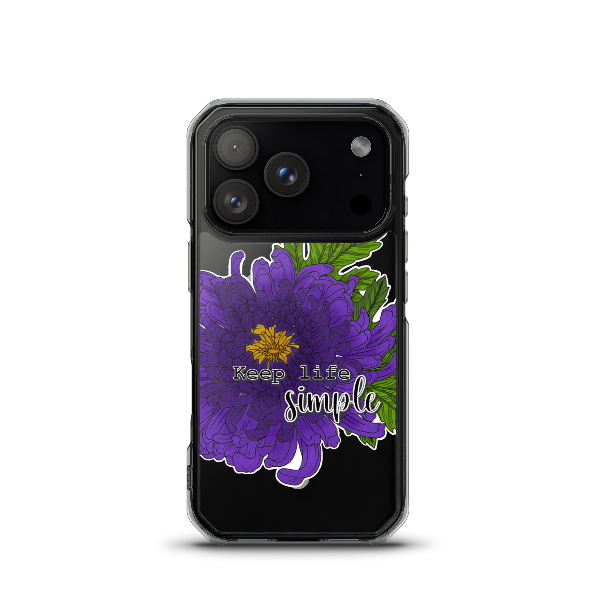 Phone case with purple flower design and 'Keep life simple' text on a white background for iPhone 17 pro