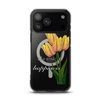 Phone case with yellow tulips and 'Choose happiness' text on a black background for iPhone 17 pro max