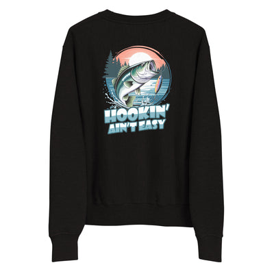 Black sweatshirt with a fish graphic and 'Hookin' Ain't Easy' text on a white background