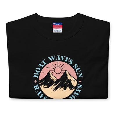 Black t-shirt with a mountain and sun graphic and 'Boat Waves Sun Rays' text on a white background