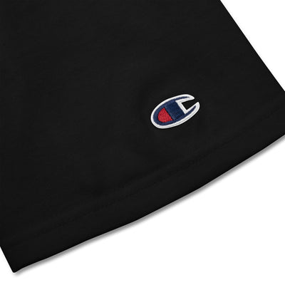 Black fabric with Champion logo on a white background