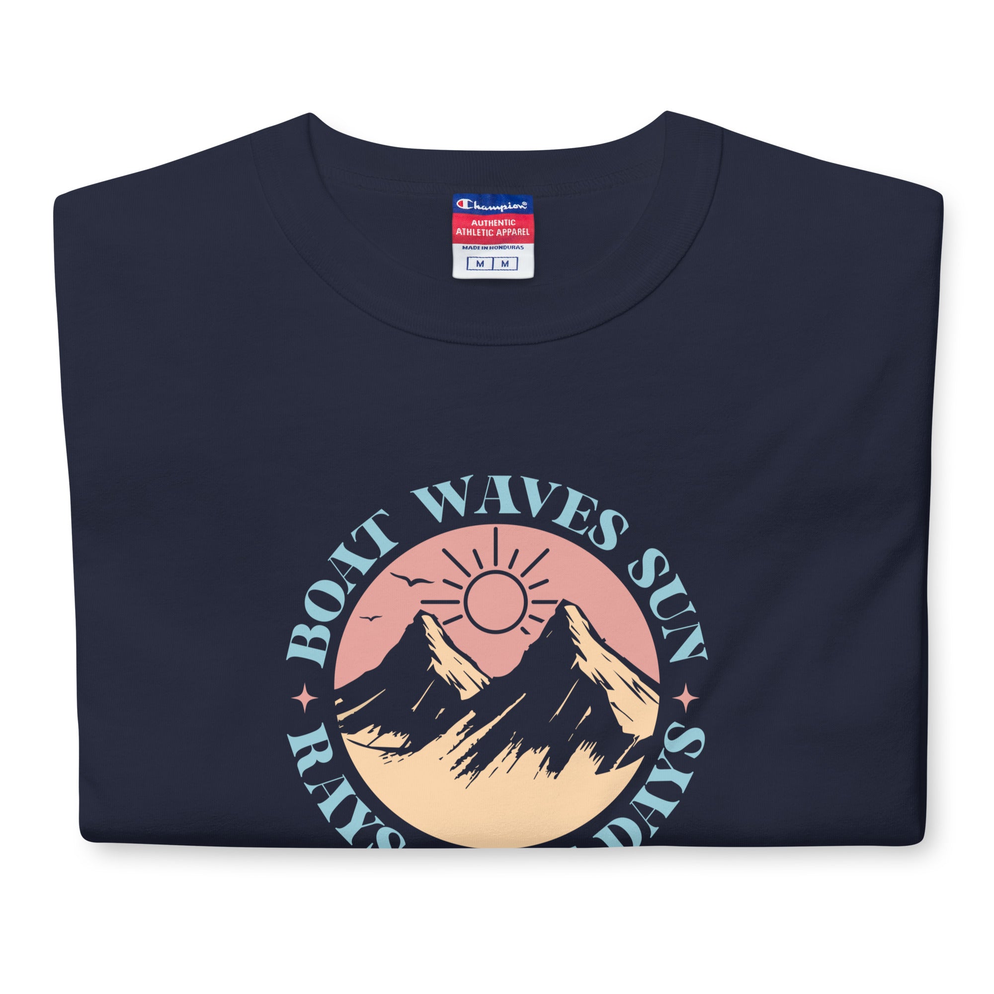 Navy blue t-shirt with mountain and sun design on a white background