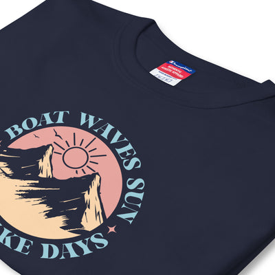 Navy blue t-shirt with a graphic design featuring text and a sun over mountains.