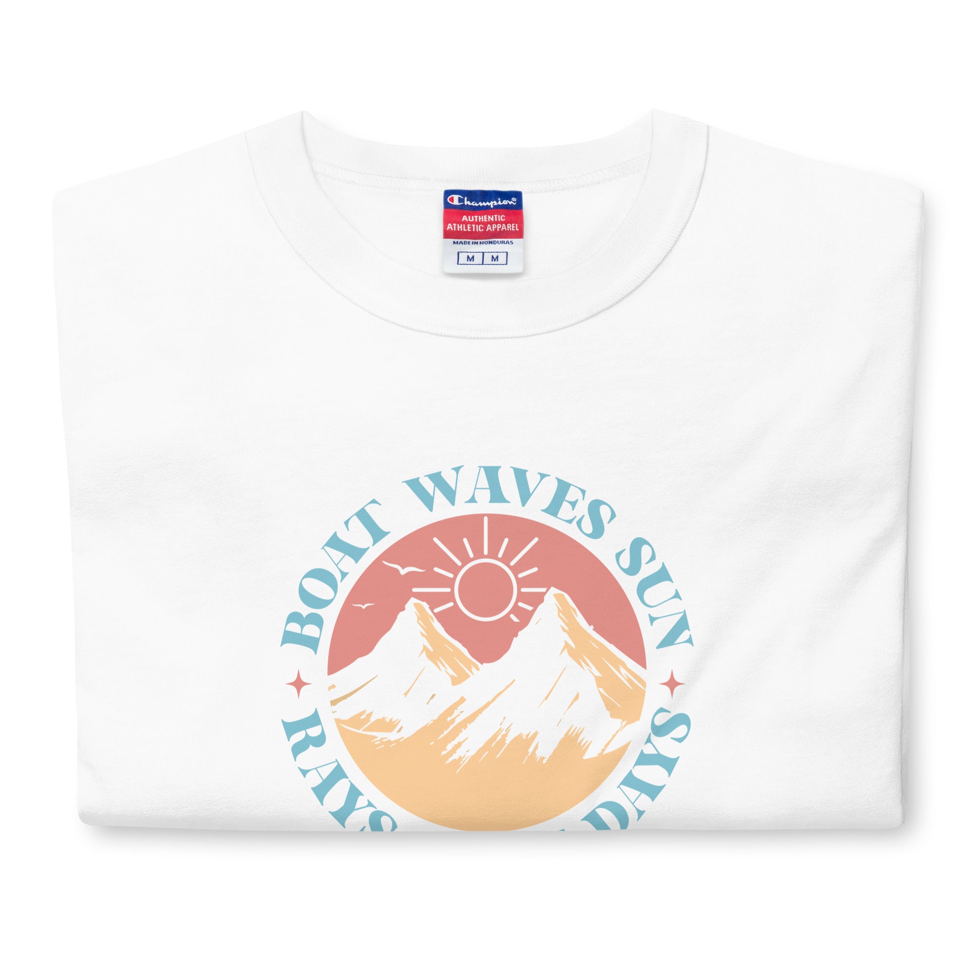 White t-shirt with a graphic design featuring mountains, sun, and text on a white background