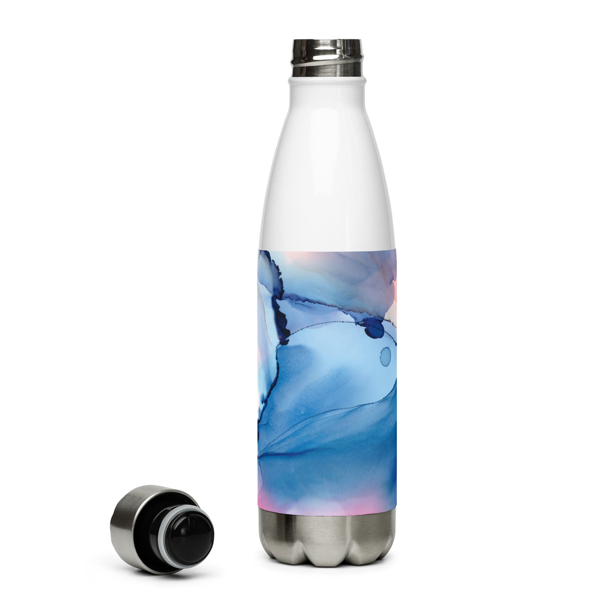 White water bottle with a blue and pink abstract design on a white background