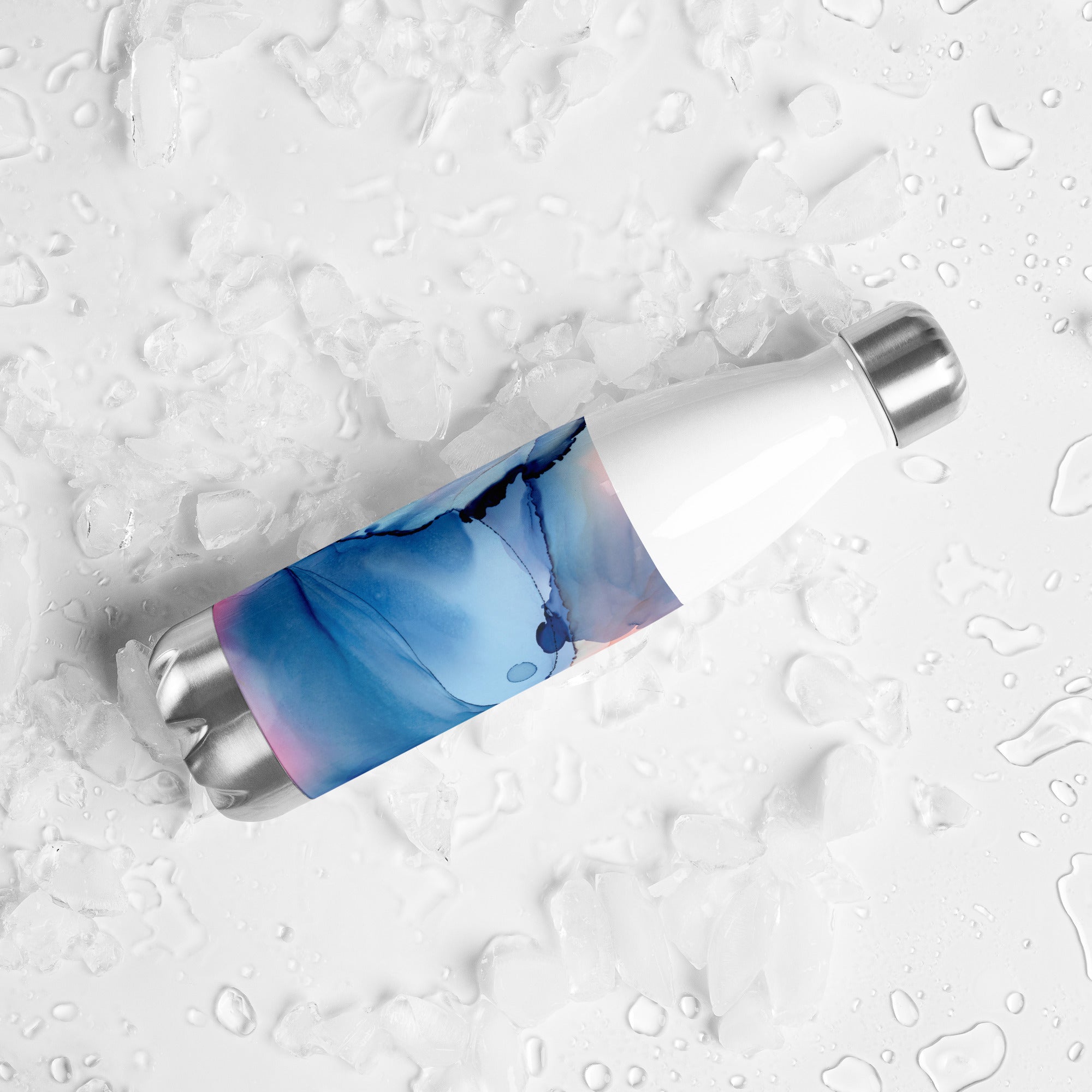 White water bottle with blue label on a textured white background