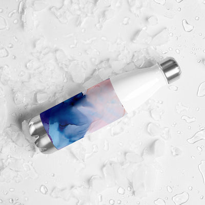 Cylindrical water bottled with a pink and blue marbled design on a white textured background.