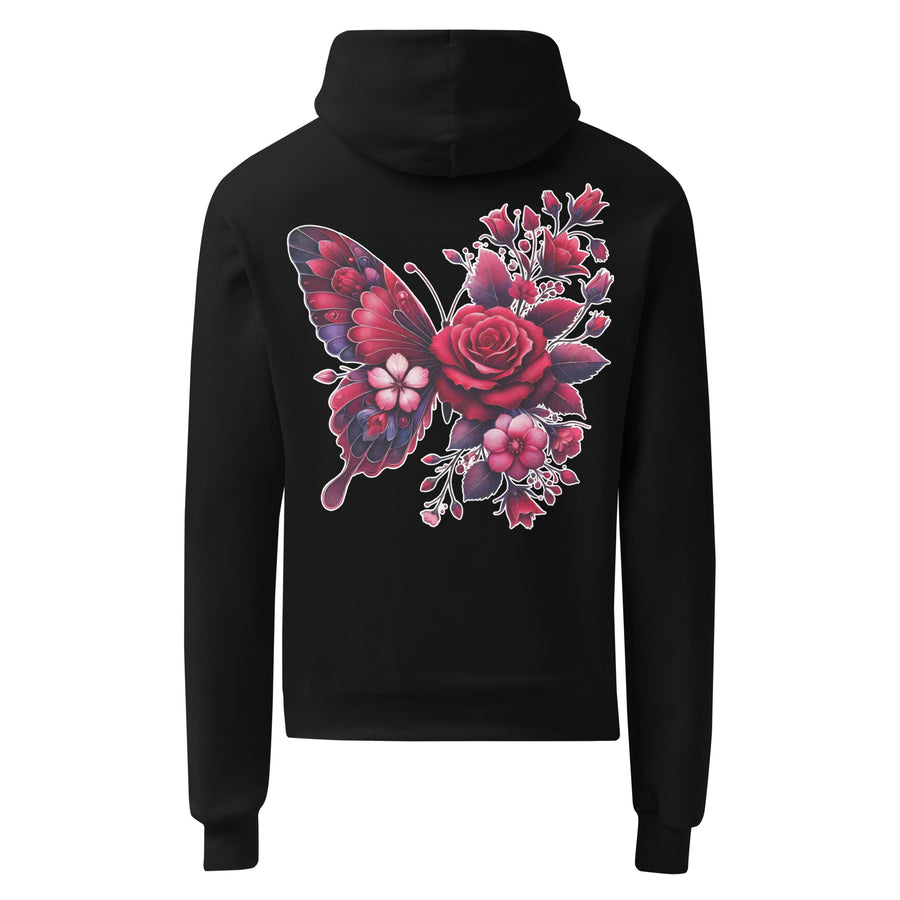 Black hoodie with a colorful butterfly and floral design on the back against a white background