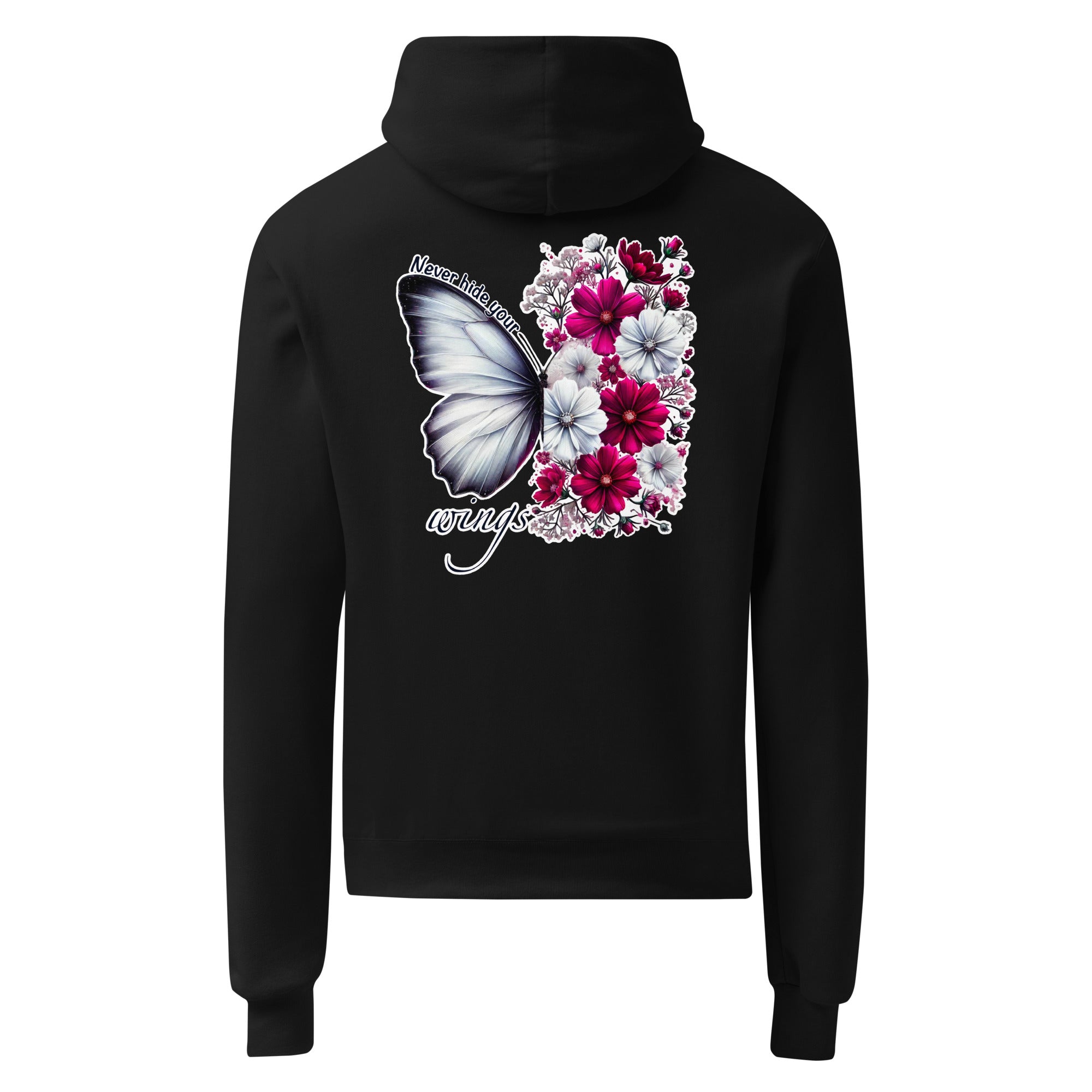 Black hoodie with a butterfly and floral design on the back against a white background
