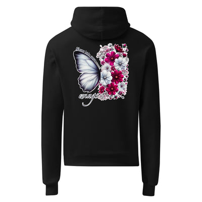Black hoodie with a butterfly and floral design on the back against a white background