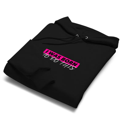 Black hoodie with pink and white text on a white background