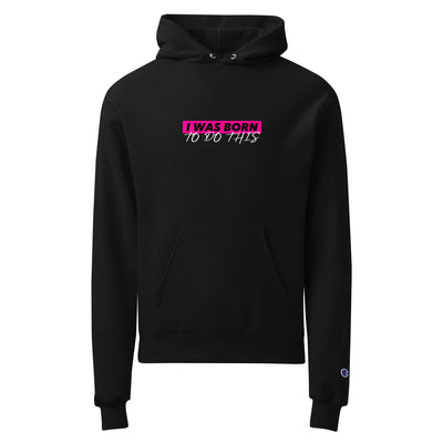 Black hoodie with pink text on a white background