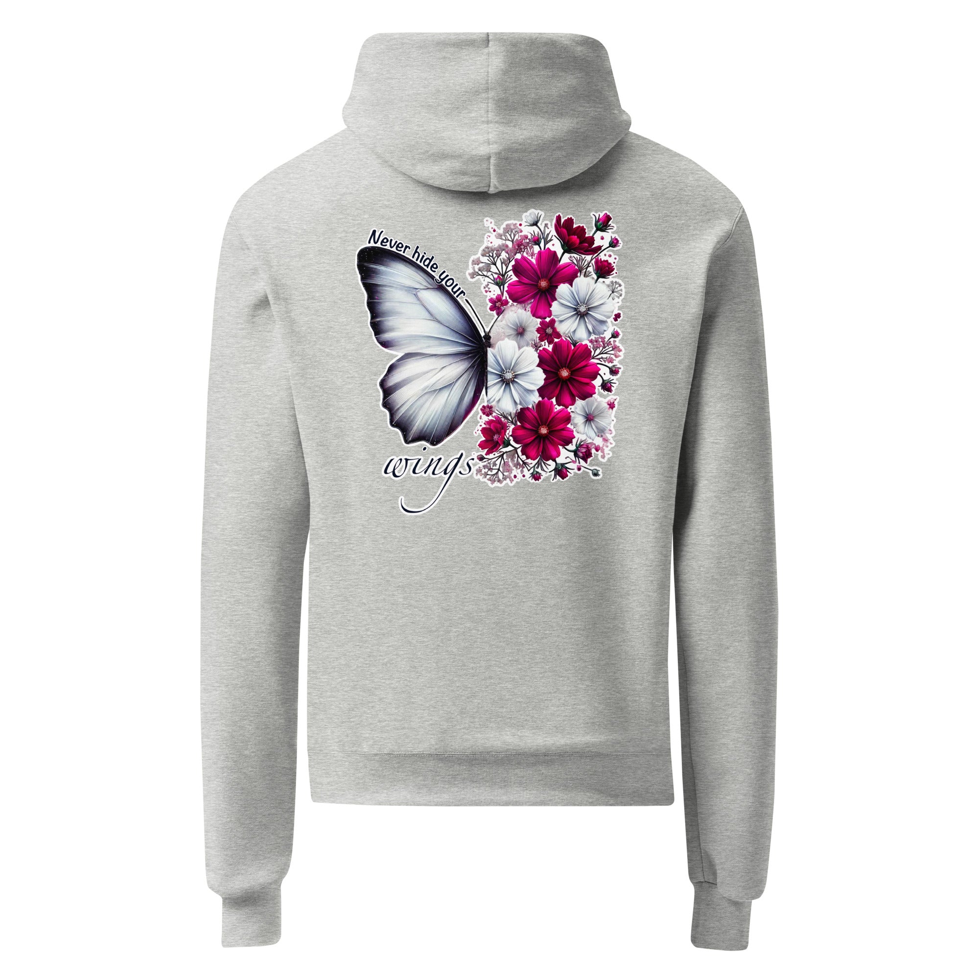 Gray hoodie with a butterfly and floral design on the back against a white background