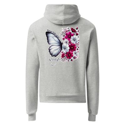 Gray hoodie with a butterfly and floral design on the back against a white background