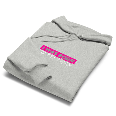 Folded gray hoodie with pink and white text on a white background