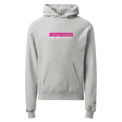 Gray hoodie with pink text on a white background