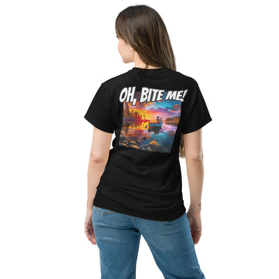 Woman wearing a black t-shirt with a colourful graphic and 'OH, BITE ME!' text on the back.