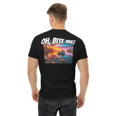 Person wearing a black t-shirt with a colourful graphic and 'OH, BITE ME!' text on the back.