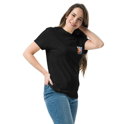 Woman wearing a black t-shirt with a small graphic on a white background