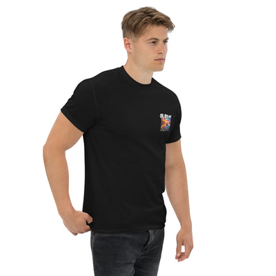 Man wearing a black t-shirt with a fish logo on a white background