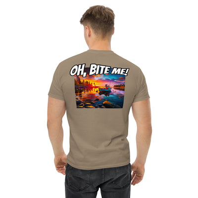 Man wearing a brown t-shirt with a colourful graphic and 'OH, BITE ME!' text on the back.