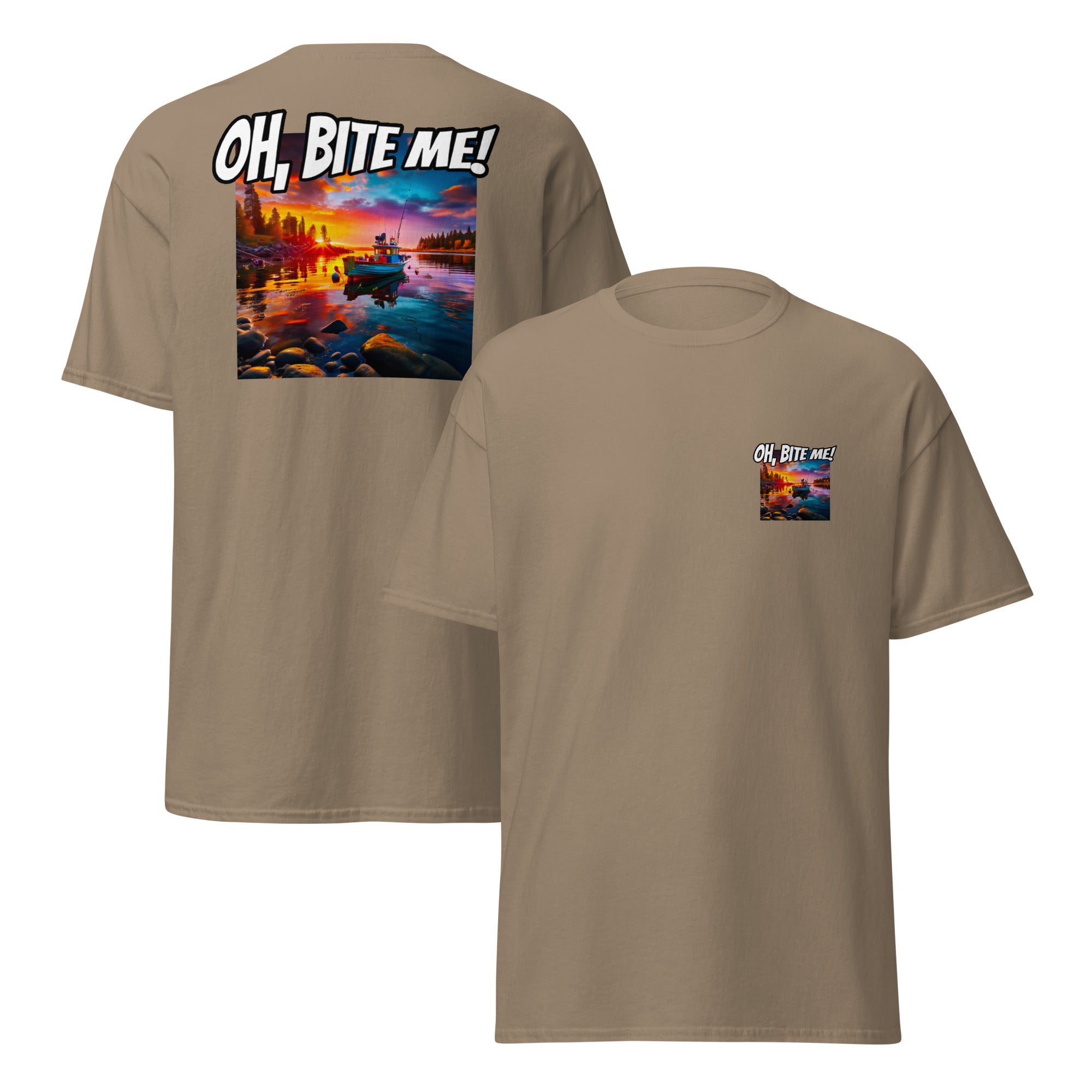 Brown t-shirt with 'OH, BITE ME!' graphic on the back and colourful sunset design on the front.
