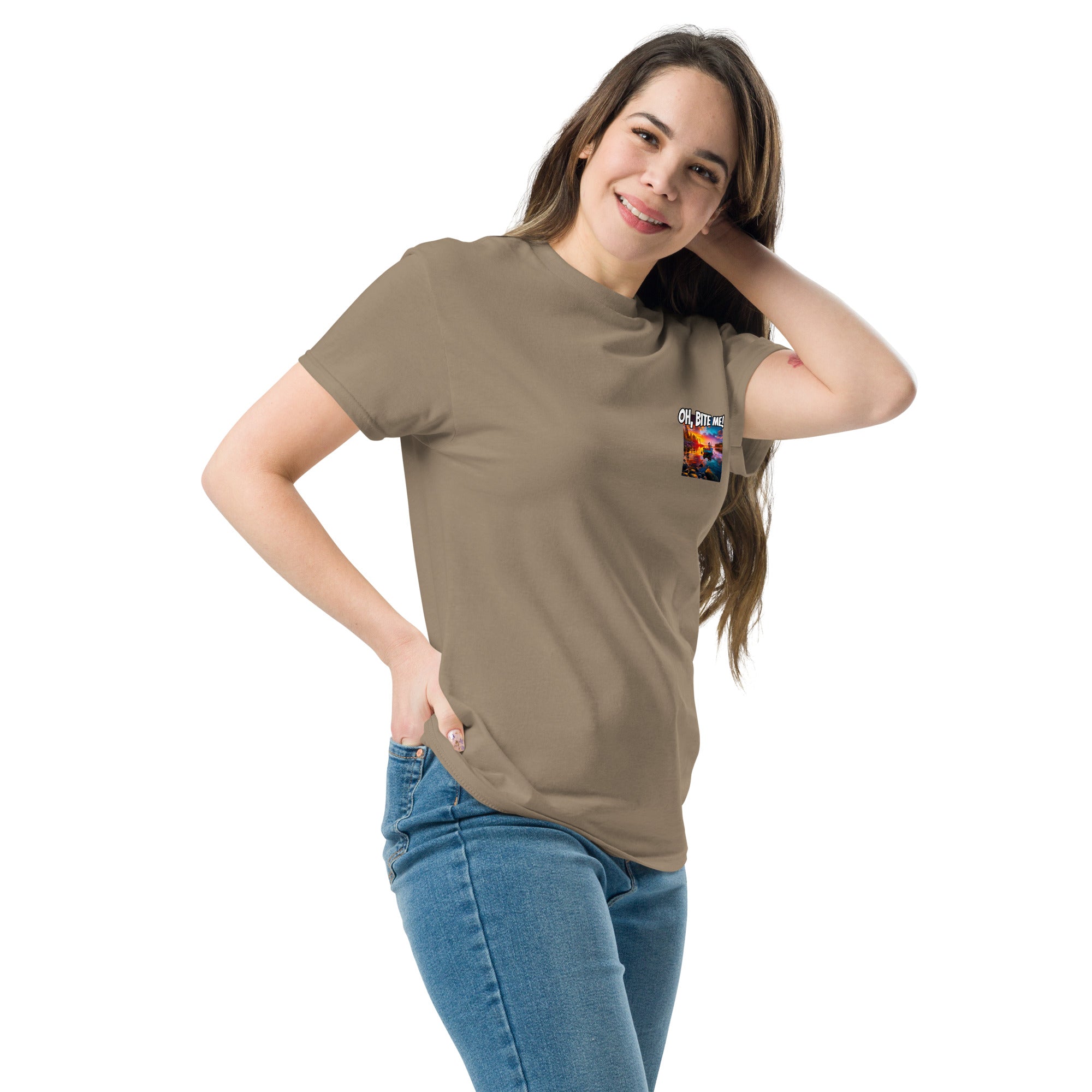 Woman wearing a brown t-shirt with a small graphic on a white background