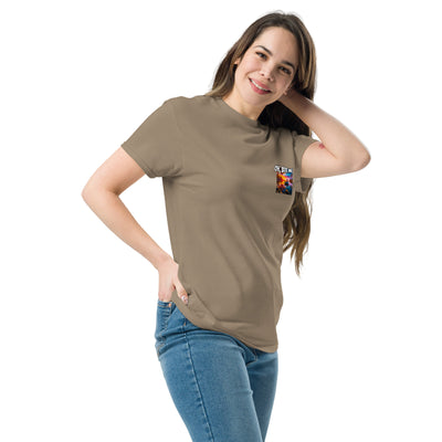 Woman wearing a brown t-shirt with a small graphic on a white background