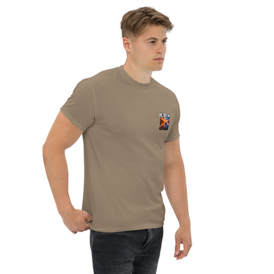 Man wearing a beige t-shirt with a colourful fish logo on a white background